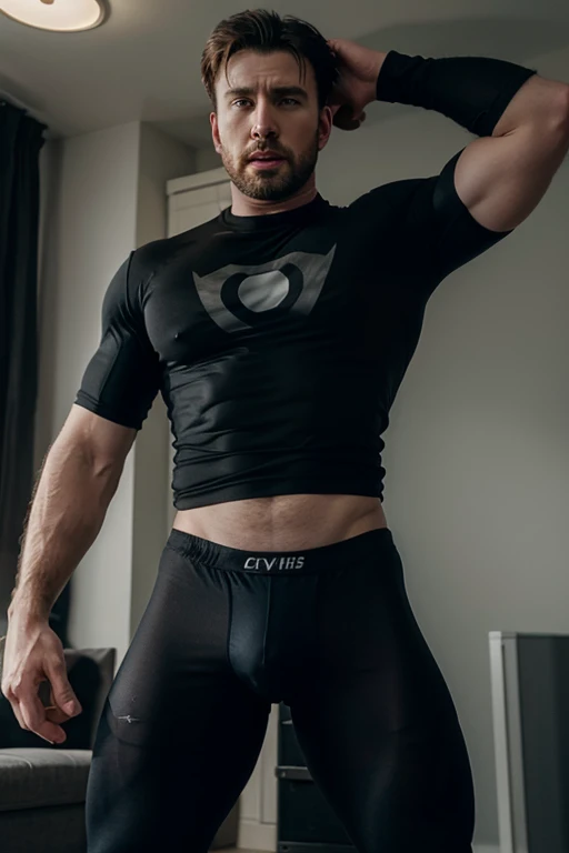 chris evans in a black compression shirt, wearing boxershorts, massive buldge