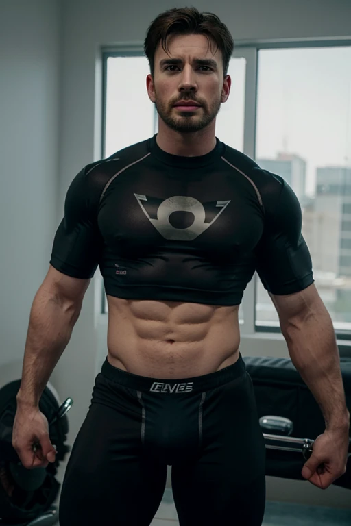 chris evans in a black compression shirt, wearing boxershorts, massive buldge