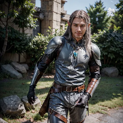 (Eladrin) (Male elf ranger) (carrying hunting bow) (blueish gray hair) (long hair) (free falling hair) (pale skin) (silvery skin) (slender) (light gray shirt) (dnd character) (ultrarealism) (fantasy) (raven symbol necklace) (athletic body) (leather armour)...