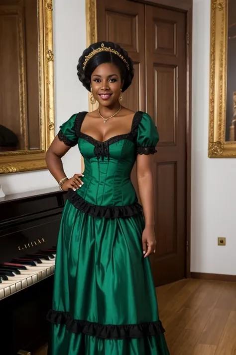 There is an attractive 30 year old black woman with light skin, luciendo un vestido  de baile de la epoca victoriana, tiene los hombros descubiertos, vestido de la epoca victoriana con encajes y felques de color verde esmeralda, bella mujer elegante, de pi...