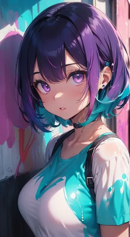 Brightly colored cat ears anime girl with headphones and (big breasts:1.3), ((upturned eyes:1.erfect eyes ,beautiful detailed eyes, rainbow glows ultra-detailed deep aqua purple eyes:1.1, gradient eyes:1, finely detailed beautiful eyes:1, symmetrical eyes:...