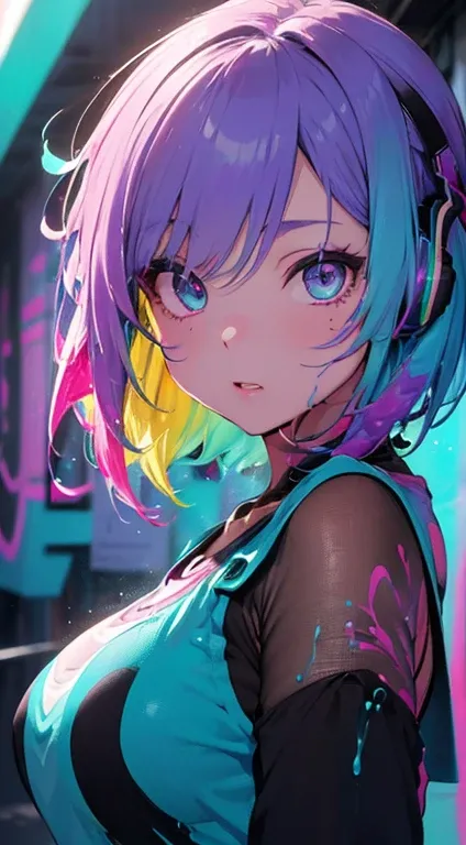 Brightly colored cat ears anime girl with headphones and (big breasts:1.3), ((upturned eyes:1.erfect eyes ,beautiful detailed eyes, rainbow glows ultra-detailed deep aqua purple eyes:1.1, gradient eyes:1, finely detailed beautiful eyes:1, symmetrical eyes:...