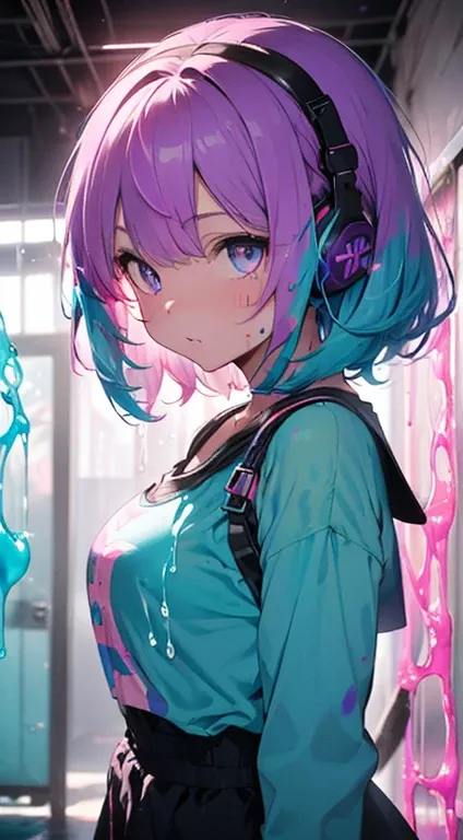 Brightly colored cat ears anime girl with headphones and (big breasts:1.3), ((upturned eyes:1.erfect eyes ,beautiful detailed eyes, rainbow glows ultra-detailed deep aqua purple eyes:1.1, gradient eyes:1, finely detailed beautiful eyes:1, symmetrical eyes:...