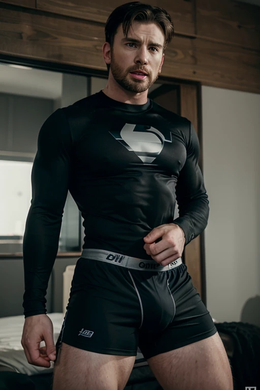 chris evans in a long sleeve black compression shirt, wearing boxershorts, massive buldge