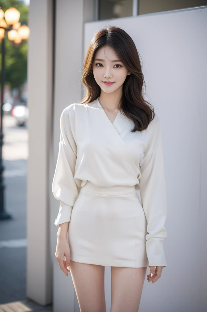 (best quality,highres),(realistic),(portrait),(beautiful detailed eyes,beautiful detailed lips,extremely detailed face),(Korean idol face girl),(stylish fashionable clothes),(slender),(standing pose),(full body shot),(facing the camera),(smiling),(gentle e...