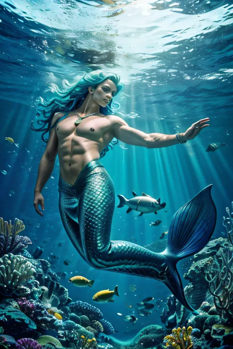 a male mermaid，jewelry，The underwater world，Atlantis，（high-definition picture quality），（フォトリアリスティック）