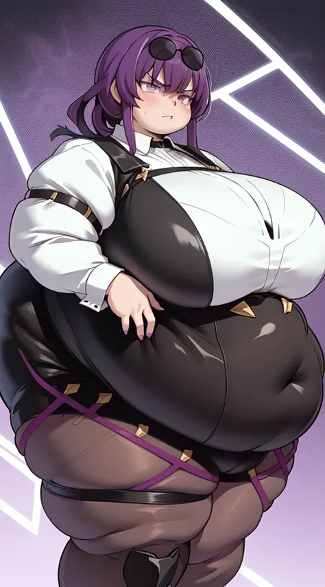 masterpiece, best quality, obese kafka, fat belly, thick fat thighs, fat butt, fat arms, big cheeks, purple eyes, sunglasses on head, collared shirt, black shorts, pantyhose, upper body, (huge breasts:1.6), looking at viewer, furrowed brow, angry, sexy