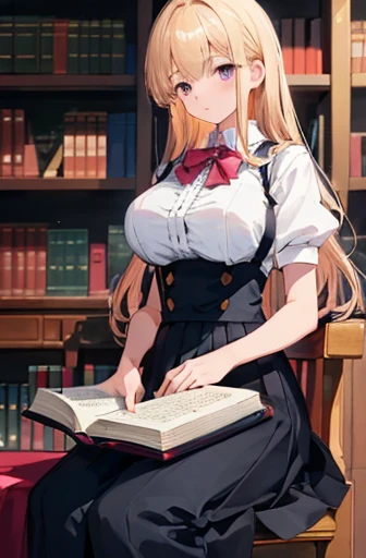 tmasterpiece, Best quality at best, Meticulous, A high resolution, Extremely Delicately Beautiful, Volumetriclighting, The best shadow, shallowdepthoffield, 1 girl, blond hairbl, a pink eyes, (humongous large breast), Suspenders, pleatedskirt, sitted, sobu...