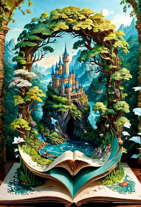 (pop up book, postcard design:1.2),  Cutting art, fantasy art, intricate, (best quality, masterpiece, Representative work, official art, Professional, unity 8k wallpaper:1.3)