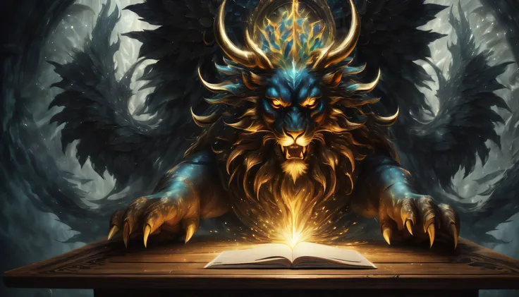 (((Fusion postcard illustration on wooden desk:1.3))) (((A design that combines a dark fantasy-style postcard with a divine beast postcard with a majestic design.:1.4))), Surrounded by an otherworldly aura. amazing postcard design. Masterfully crafted digi...