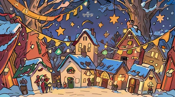 illustration, vector, high quality, high resolution, masterpiece, beautiful Christmas celebration, heartwarming, warmth, joy, festive charm, twinkling lights, snow-kissed trees, quaint village bustling with seasonal cheer, vibrant colors