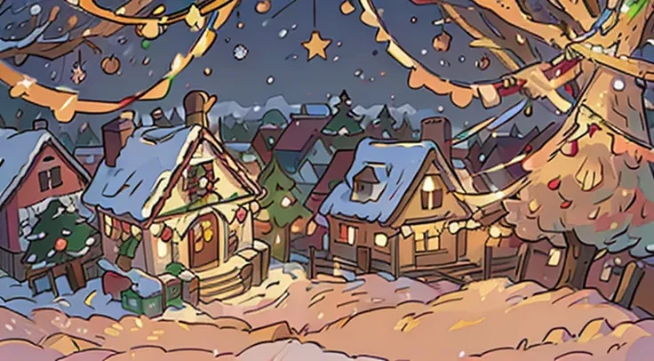 illustration, vector, high quality, high resolution, masterpiece, beautiful Christmas celebration, heartwarming, warmth, joy, festive charm, twinkling lights, snow-kissed trees, quaint village bustling with seasonal cheer, vibrant colors