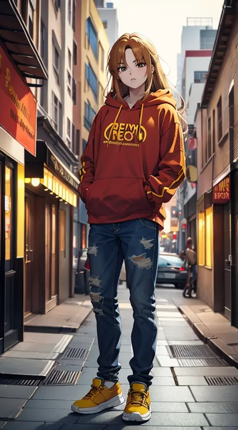 Brown eyes with yellow hair, red hoodie 
and blur jeans, standing,street background ,long hair,