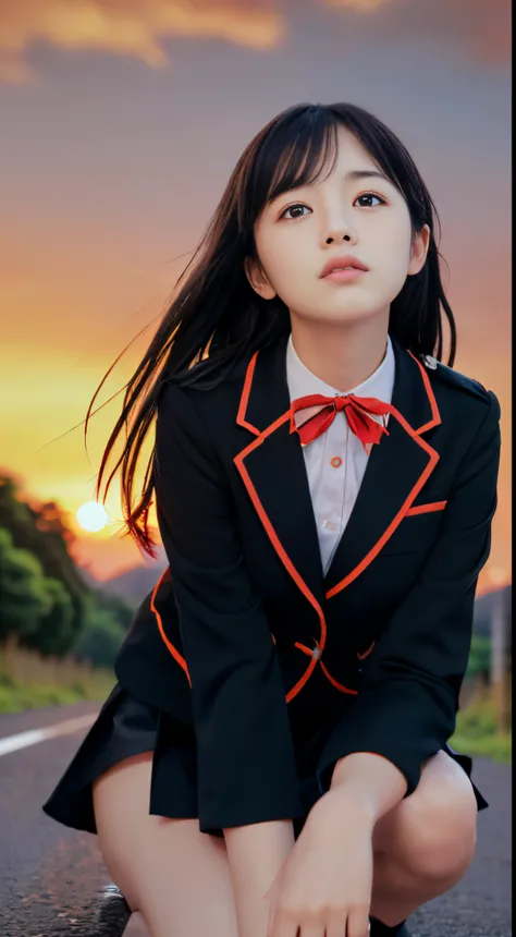 (Close-up of a slender small-breasted two-side-up haired girl wearing a black blazer uniform with a red-trimmed collar and a black skirt:1.5)、(A girl looking up at the sky with a sad face on a Japanese country road:1.5)、(Uniform with a black blazer and a s...