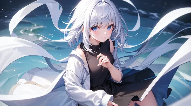 Ultra-high image quality,Look at viewers, hands behind back, girl with, 20 years old, Very short hair, long bangs between eyes, pale blue eyes, Hoodie, Skirt , Extremely detailed,(​masterpiece、top-quality)、report、White hair、A smile、White skin as clear as s...