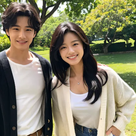 The background is a field with a large tree behind the two people.。The boy on the left has short black hair, has a straight face, and is holding a piece with his left hand.。Clothes include a white shirt and a black cardigan.。The girl to the right of the bo...