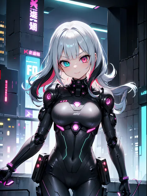 (RAW Photos, Best Quality), (animesque: 1.2), cyberpunked, (((1 Female Android))), (Sharp facial features), (smaller face), (High Detail Skin: 1.2), 鎖骨, Pretty face, Beautiful eyes, long eyelashes, ((silber hair, waved hair, asymmetrical bangs:1.2, multico...