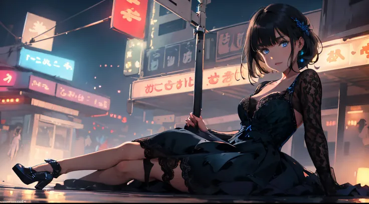 1girl,short brownish black hair,blue eyes, wearing Lace Dress with Heels ,night neon city, absurdres,high res,ultrasharp,8k,masterpiece,looking at viewer,bust shot.