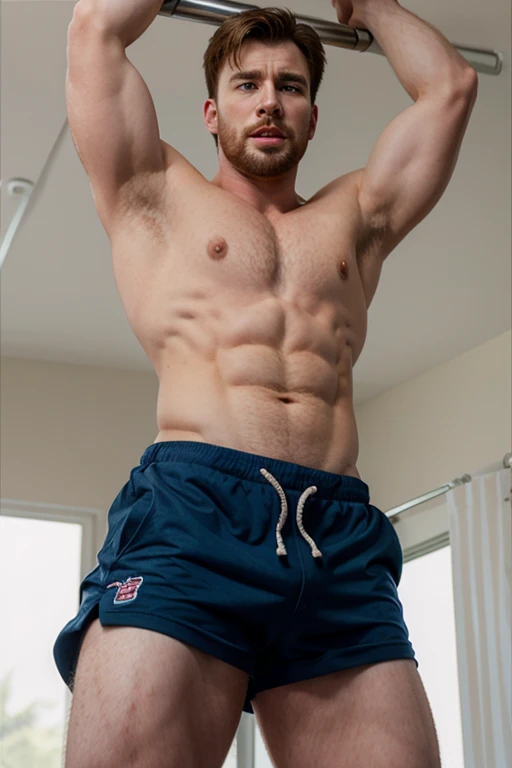 chris evans doing pull ups, showing his happy trail