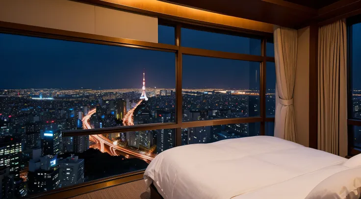 Luxury hotel bedroom scenery、Night time、You can see the night view of Tokyo from the window