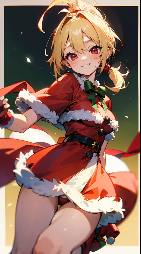 1girl in、Blonde ponytail、Ahoge、big round red eyes、small tits、A smile、Laugh、Christmas、Dressed in Santa Claus costume、Colors based on red and green