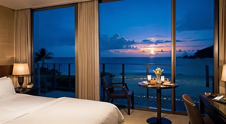 Luxury resort bedroom scenery、Night time、beach view from the window