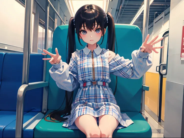 child，（​masterpiece，Highest Quality），（plaid zip-up dress:1.4），shortsleeves，A dark-haired，long twintail，In the train car