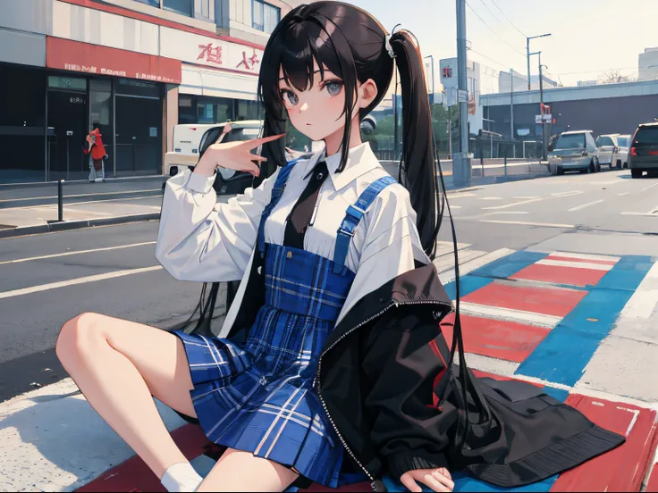 child，（​masterpiece，Highest Quality），（plaid zip-up dress:1.4），student clothes，shortsleeves，A dark-haired，long twintail，station