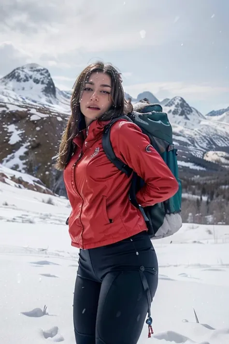 Naturescape Photography; mountaineering; Full body view; (1woman:0.5, only), (slim body), (norrøna Trollveggen soaked red shell jacket, hiking tights, wet wear, Boots, (((very large backpack))), (climbing axe), (Pallets ), ((walking on the ridge of a mount...