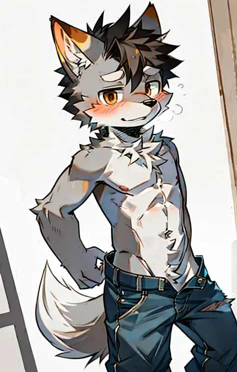 shaggy，grey fur，coyote，adolable，Shota，denim pant，Q version，((Shirtless))，The barefoot，Kids boy， shy