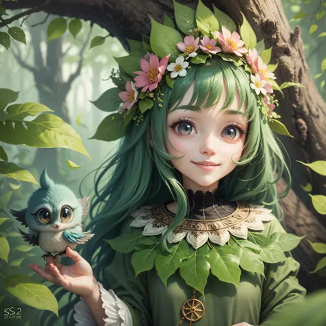 beautiful tree with big eyes,sweet smile,lots of leaves,lots of details,anime style,lots of details,close-up --auto --s2