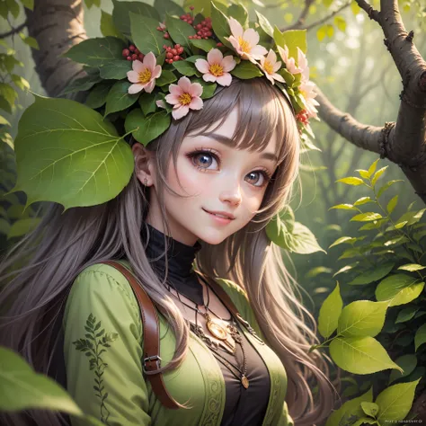 beautiful tree with big eyes,sweet smile,lots of leaves,lots of details,anime style,lots of details,close-up --auto --s2