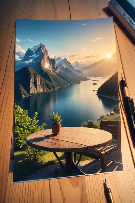 best quality,highres,ultra-detailed,realistic,photorealistic:1.37，There  a postcard on the table，The postcard depicts a beautiful scenery