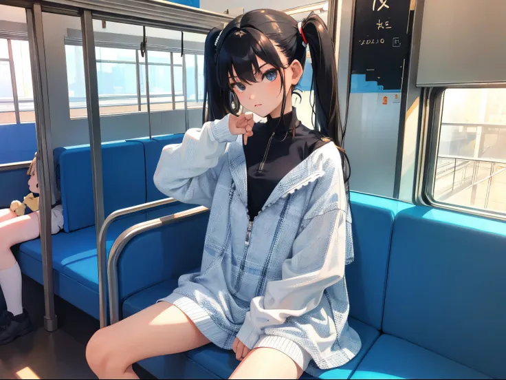 child，（​masterpiece，Highest Quality），（plaid zip-up dress:1.4），shortsleeves，student clothes，A dark-haired，long twintail，In the train car