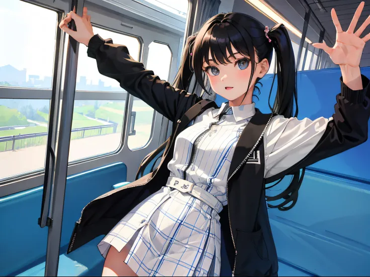 child，（​masterpiece，Highest Quality），（plaid zip-up dress:1.4），shortsleeves，student clothes，A dark-haired，long twintail，In the train car