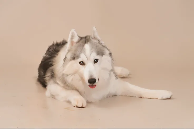 araffy dog laying on the floor with its tongue out, husky dog, siberian husky, husky, with a white muzzle, photo of wolf, on a pale background, boka, pet animal, a pastel, taken with canon 8 0 d, hand, canine, he  very relaxed, with white fluffy fur,  dog,...