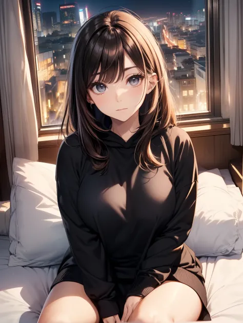 Best Quality, masutepiece, beautiful mature women、Beautiful face、Strong-minded woman、Officelady、(black sweatshirt top and bottom:1.5)、(brown haired、Bangs are asymmetrical、he combed his bangs)、Longhaire、Undersized eyes、(((Sitting on the bed:1.5)))、(Night vi...