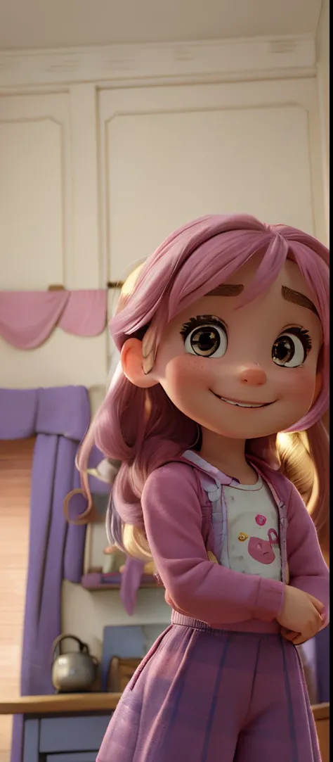 a smiling little girl，Pink clothes，cute  face，Crooked eyebrows，Long hair，little mouth