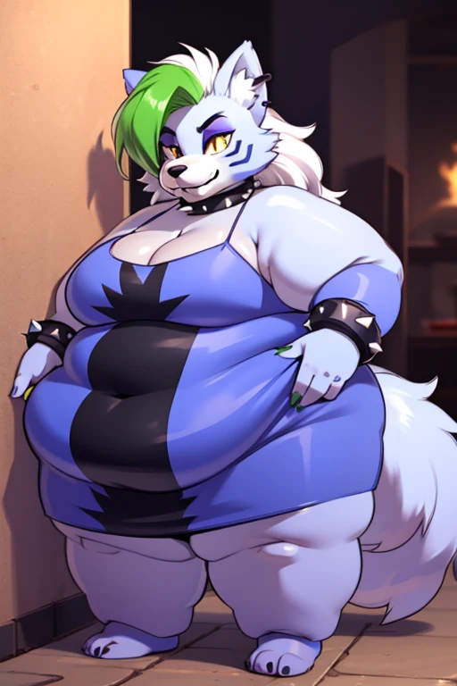 best quality,   fnafroxanne, obese furry female, obese body fur, makeup, wolf ears, wolf tail, blue dress, big breasts, purple lipstick, collar, spikes, jewelry, ear piercing, bracelet, yellow eyes, detailed eyes,  3DMM, gray hair, green hair,