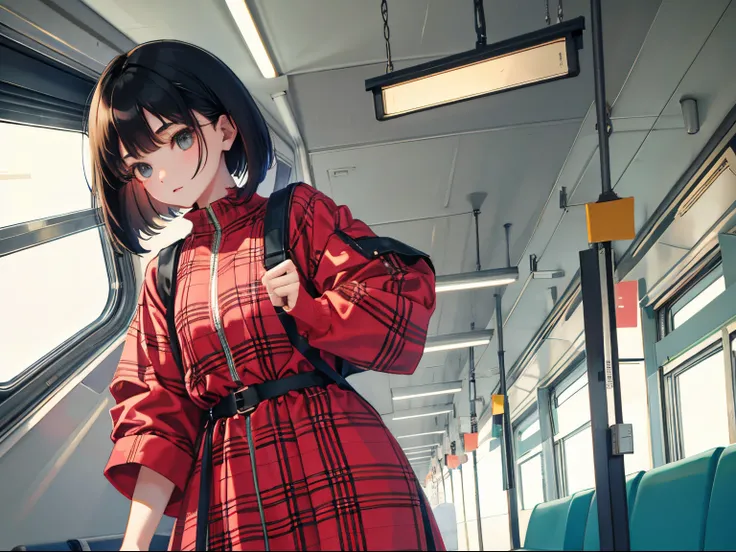 child，（​masterpiece，Highest Quality），（plaid zip-up dress:1.4），shortsleeves，student clothes，A dark-haired，Medium bob，In the train car