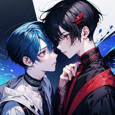 Two boys, one with yellow eyes and black hair, the other with blue hair and red eyes, bl,