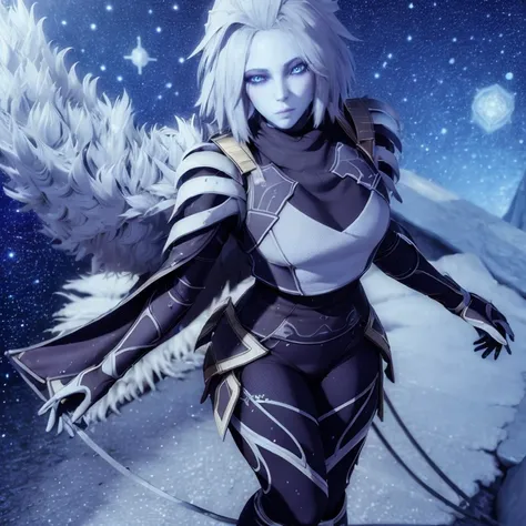 ((masterpiece)), (best quality), 8k, ultra-detailed, absurdress, leggings, 3d,mara sov, stoic, long face, destiny 2, space, colorful background, blue eyes, white skin, the reef, awoken, standing up