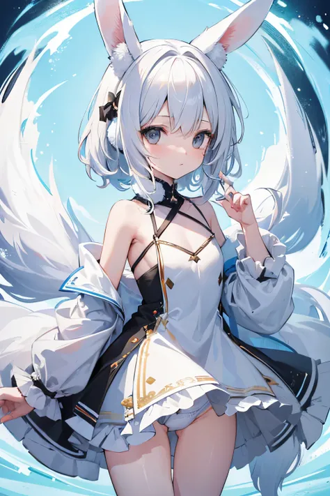 (highres,4k), female, half-human half-arctic hare, short white messy hair, black eyes, fair skin, flat chest, loli, frilly dress, arctic hare ears