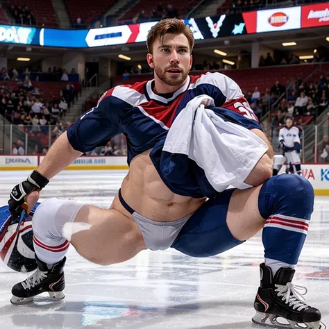 Chris Evans as a hot ice hockey player, massive bulge, muscular body, hot jock, in an ice rink