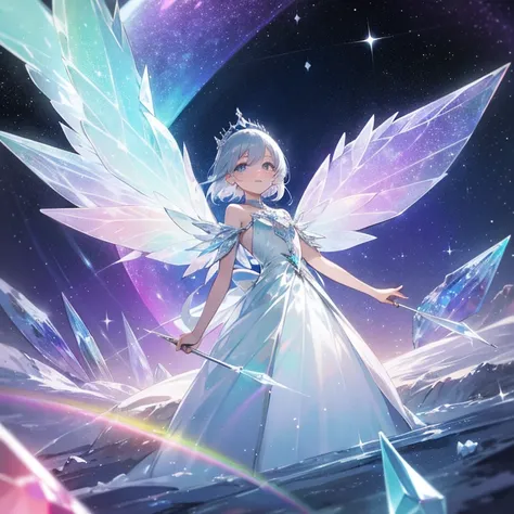 girl with,clear skin,The human,Longer dress,Transparent light aurora dress,aurora eyes,Crystal clear silver hair,Silvery crown,Transparent rainbow-colored and silver fairy wings,PastelColors,Aurora Color,uses magic,Gentle,Sparkling smile,Fantasia,faerie,Dr...