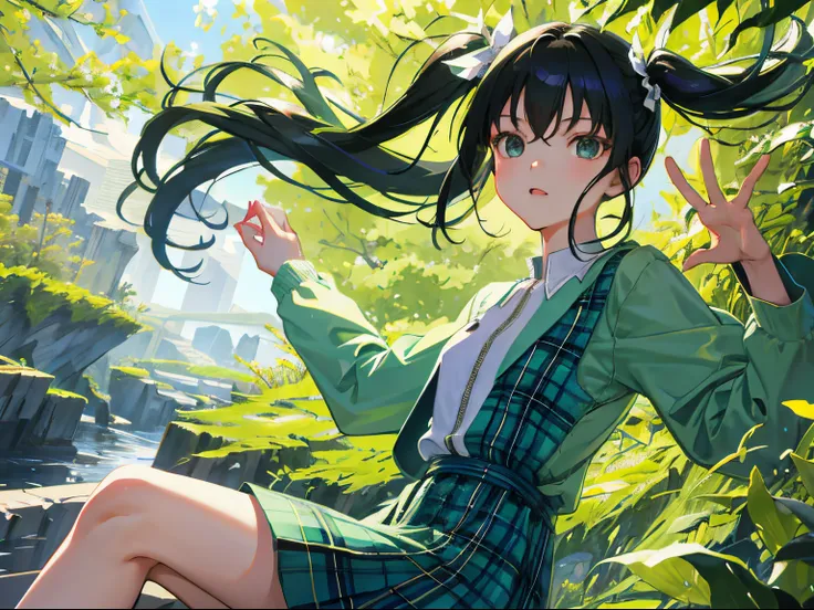 child，（​masterpiece，Highest Quality），（green plaid zip-up dress:1.4），shortsleeves，long twintail，A dark-haired，The wind is blowing，the woods