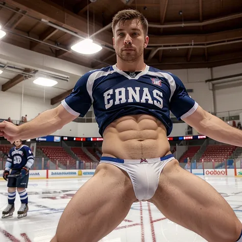 Evans as a hot ice hockey player, massive bulge, muscular body, hot jock, in an ice rink