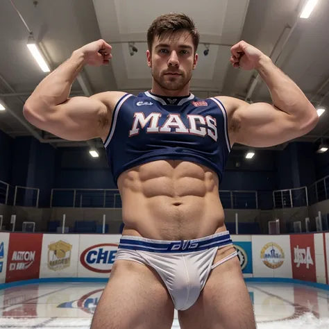 Evans as a hot ice hockey player, massive bulge, muscular body, hot jock, in an ice rink