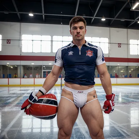 Evans as a hot ice hockey player, massive bulge, muscular body, hot jock, in an ice rink