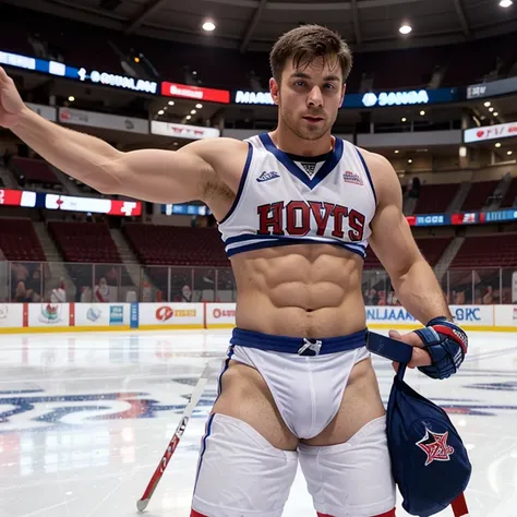 Evans as a hot ice hockey player, massive bulge, muscular body, hot jock, in an ice rink